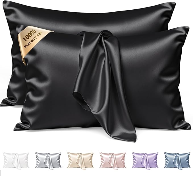 Silk Pillow Cases 2 Pack King Size Mulberry Silk Pillowcase Set of 2 for Hair & Skin 36 x 20 Inches 22 Momme Both Sided Grade 6A Silk Soft Breathable Cooling with Hidden Zipper, Black