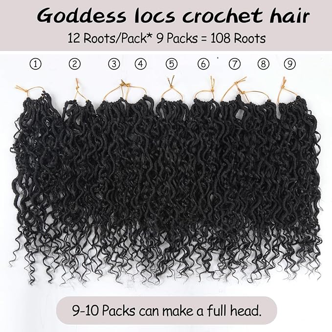 Goddess Locs Crochet Hair,Vemet 14 Inch 9 Packs Synthetic Faux Locs Crochet Hair for Black Women,River Locs Hair Extensions Boho Style Pre looped Faux Locs with Curly Ends
