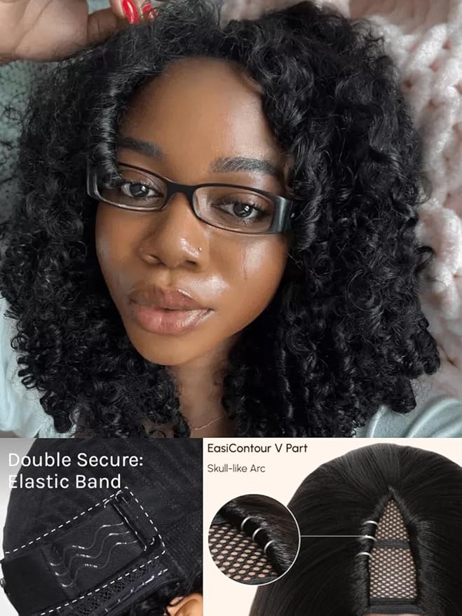 Julia Hair V Part Wig Human Hair Curly Wig with Finger Coil Ends Glueless V Shape Wig Afro Curly Wigs with Drawstring Upgrade U Part No Leave Out Half Wig For Women Natural Scalp 16 Inch