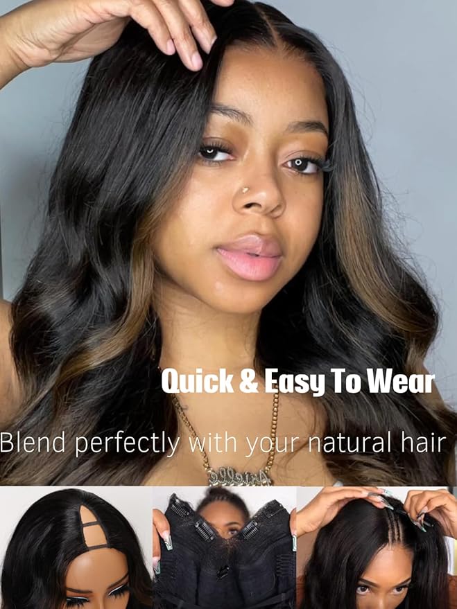 Julia Hair 12A Ombre Highlight V Part Wig Body Wave Human Hair Wigs Upgrade U Part Shadow Root Balayage Glueless Virgin Hair Clip in Half Wig No Gel No Leave Out No Sew-in Beginner Friendly 20 Inch