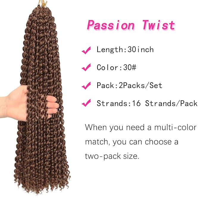 Ubeleco 30 Inch Passion Twist Hair, Brown Water Wave Crochet Hair Passion Twist Crochet Hair For Women Long Passion Twists Braiding Hair Curly Braiding Hair Extensions (30 Inch (Pack of 2), #30)