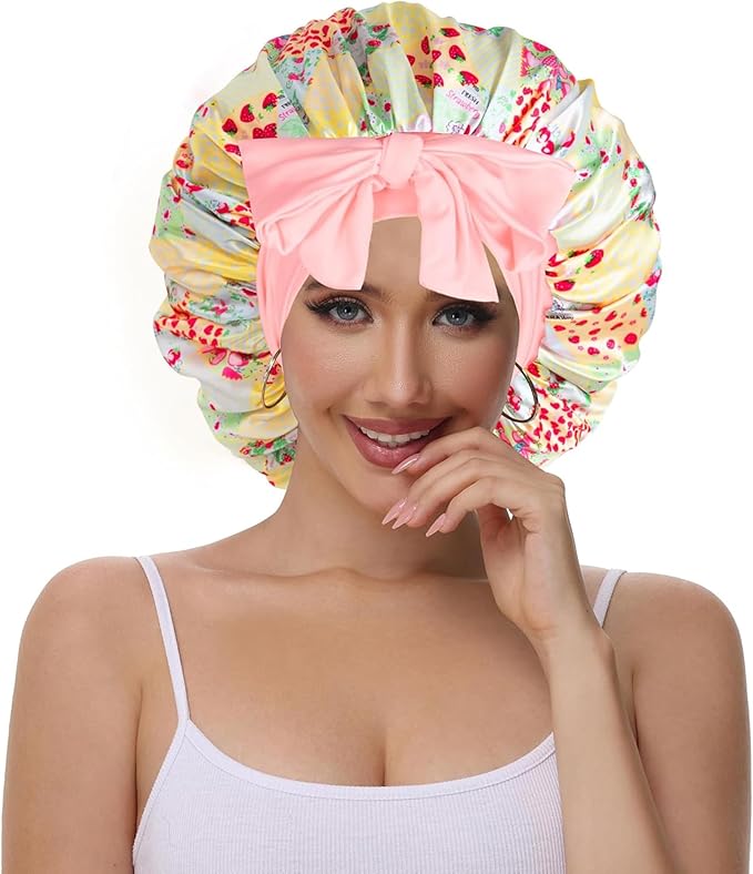 Double Layer Silk Bonnet with Tie Satin Lined Sleep Cap Hair Cover for Women's Curly Natural Hair
