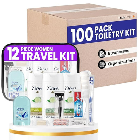 Trektote Travel Toiletry Kit For Women – (100 Pack) 12 Piece Set Of Travel Size Toiletries, TSA Compliant, Travel Essentials, Includes Shampoo And Conditioner, Body Wash, Toiletry Bag & More