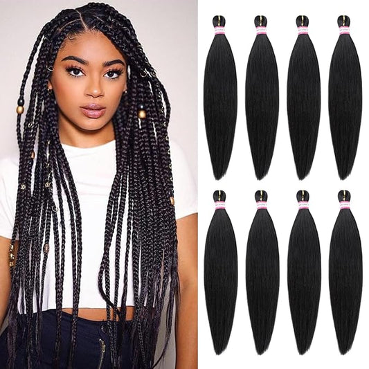 Pre-stretched Professional Braiding Hair Easy Braiding Hair 24 Inch 8 Packs Hot Water Setting Soft Synthetic Braiding Hair Extension for Twist Senegalese Crochet Hair (#1B)