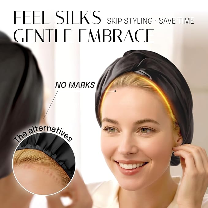 OLESILK Silk Bonnet for Sleeping Women: 100% Mulberry 22 Momme Silk, Adjustable Fit for Night Hair Care, No Frizz for Curls, Black