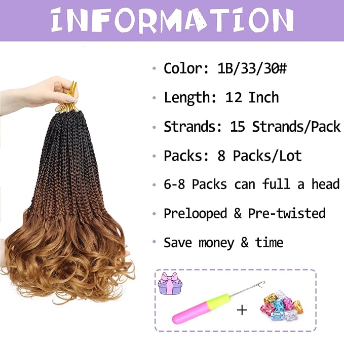 French Curl Crochet Braids 12 Inch Goddess Box Braids Crochet Hair Pre Looped Crochet Box Braid with Curly Ends Synthetic French Curly Braiding Hair Extensions 8 Packs 1B/33/30