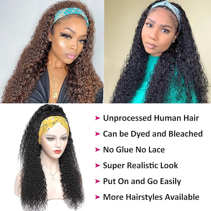 Eooma Curly Headband Wig Human Hair Glueless Wigs for Black Women 22 inch Briazilian Scarf Wig No Gel Remy Curly None Lace Front Wigs Human Hair