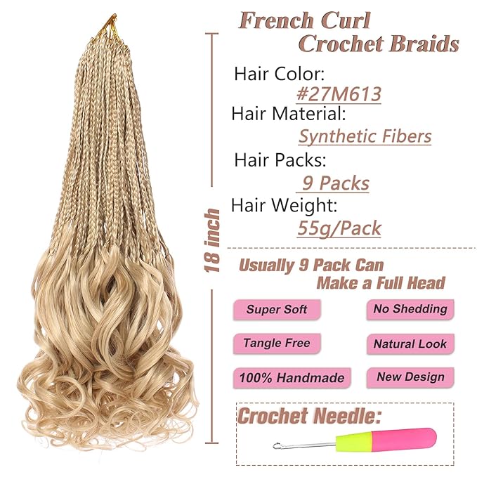 18 Inch Mix Blonde French Curl Crochet Braids 9 Packs Bohemian Goddess Box Braids Pre Looped Crochet Hair Synthetic Wave Bouncy Braiding Hair for Women