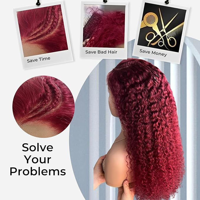 MEGOOD 250% Density Burgundy Wig Human Hair 13X4 99j Burgundy Lace Front Wigs Human Hair 13x4 Braided Wigs For Black Women HD Deep Wave Curly Human Hair Wig with Baby Hair 32 INCH