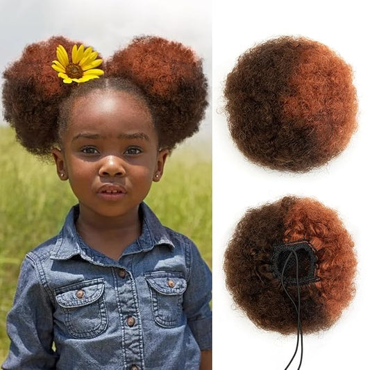 isheeny Small Human Hair Ponytail Extension For Kids 2-5 Years Old, Human Hair Bun Small Drawstring Ponytail Mixed Color For Little Girls, Curly Hairpiece Natural, Soft, And Durable For Repeated Use