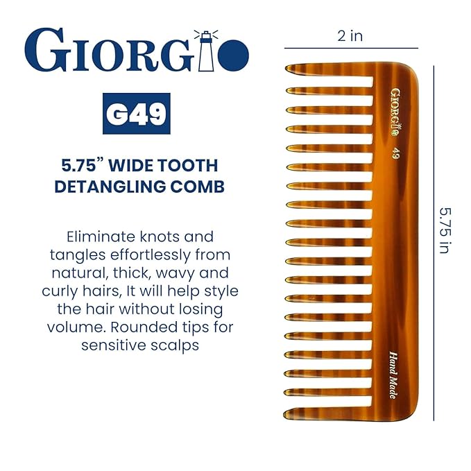 Giorgio G49 Large 5.75 Inch Hair Detangling Comb, Wide Teeth for Thick Curly Wavy Hair. Long Hairs Detangler Comb For Wet and Dry. Handmade of Cellulose, Saw-Cut, Hand Polished, Tortoise Shell 6 Pack