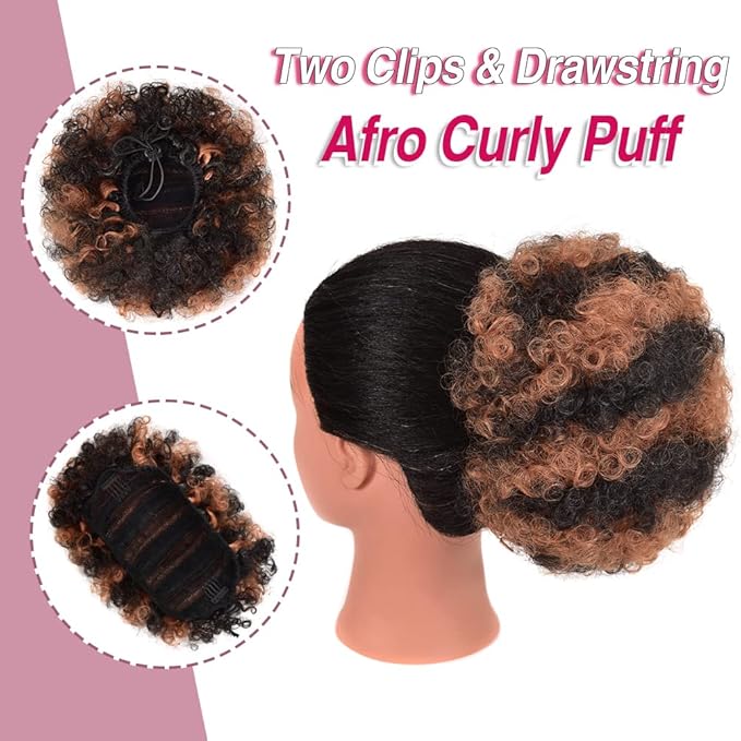rosmile Afro Puff Drawstring Ponytail Extension for Black Women, Premium Black to Brown 80 Gram Short Synthetic Afro Puff Ponytail for Natural Hair, Clip on Kinky Drawstring Curly Ponytail Bun