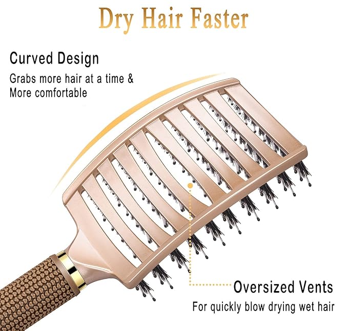 KTKUDY Detangling Brush Getting Knots Out without Pain - Boar Bristles Hairbrush Make Hair Shiny & Healthier Vented Detangler Brush for Women Men Kids Wet and Dry Hair (Gold)