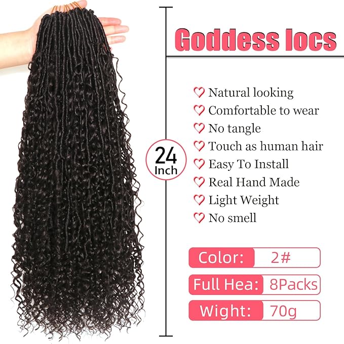 Goddess Locs Crochet Hair-24 Inch 8 Packs Boho Faux Locs Crochet Hair for Black Women Pre Looped Soft Locs with Curly Ends (#2, 24 Inch(Pack of 8))