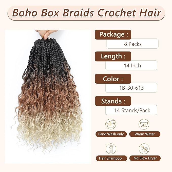 14Inch Crochet Box Braids Hair -8 Packs Goddess Box Braids Crochet Hair Bohemian Curly Crochet Hair Pre-looped Crochet Hair for Black Wome (14(8Packs), 1B/30/613)