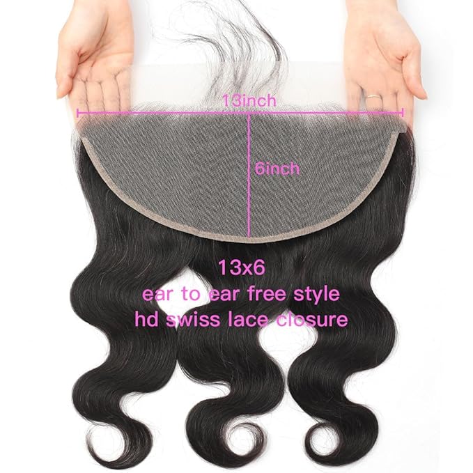 13x6 Lace Frontal Human Hair Closure Body Wave HD Transparent 13x6 Ear to Ear Frontal Closure With Baby Hair Free Part 100% Virgin Human Hair Natural Hairline 16inch