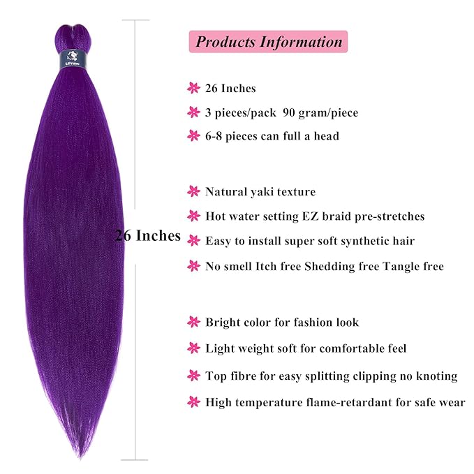 Purple Hair Extensions For Braids Kids Long Purple Braiding Hair Pre Stretched 26 Inch Synthetic Hair For Braiding Knotless Hypoallergenic Non Toxic Pre Sectioned Braiding Hair 3Packs