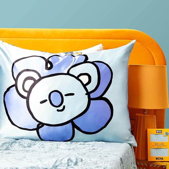 Kitsch x BT21 Satin Pillowcase with Zipper – Better Than Silk Pillowcase, Koya Character & Funky Floral Print – Soft Cooling Toddler Bed Time Pillow Case for Hair & Skin – King Size 19x36