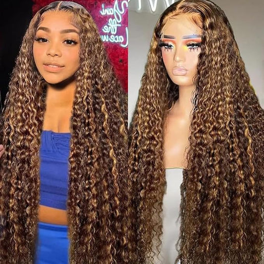 32inch Highlight Curly Lace Front Wigs Human Hair 13x6 Ombre Deep Wave Lace Front Wig Human Hair Pre Plucked P4/27 210% Density HD Lace Frontal Curly Human Hair Wig for Women