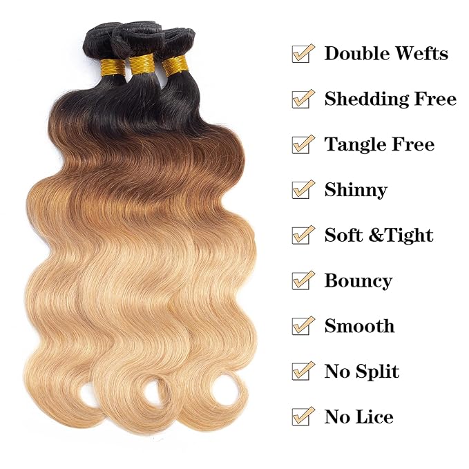 12A Ombre Body Wave Bundles Human Hair (T1B/30/27,22" 24" 26") 100% Real Human Hair 3X Longer Lifespan 100% Unprocessed Brazilian Virgin Hair Ombre Brown Body Wave Human Hair Weave Bundles