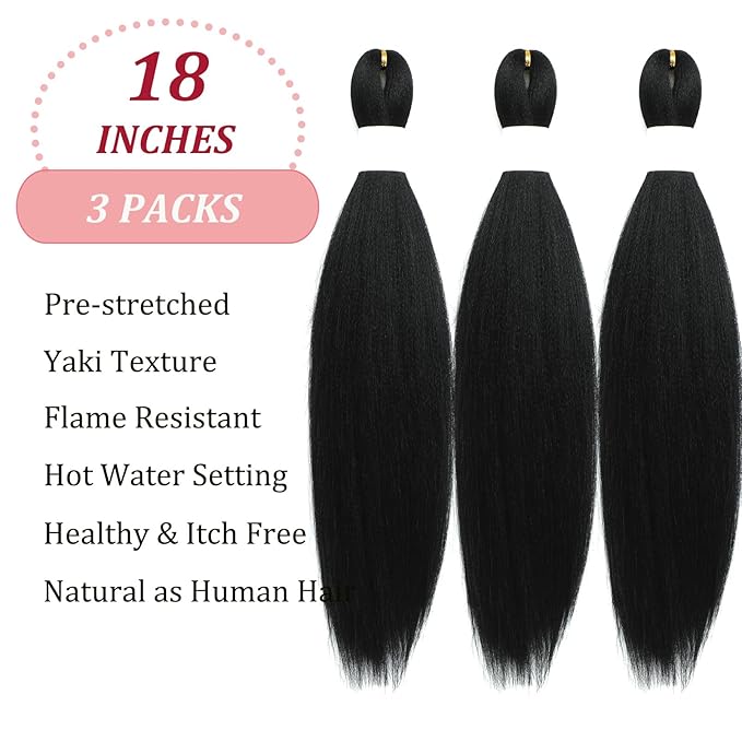 Kids Short 1b Black Braiding Hair Pre Stretched Prestretched Braiding Hair 18 inch Synthetic Hair Extensions for Braiding Box Braids Long Yaki Knotless Braiding Hair for Kids Girls