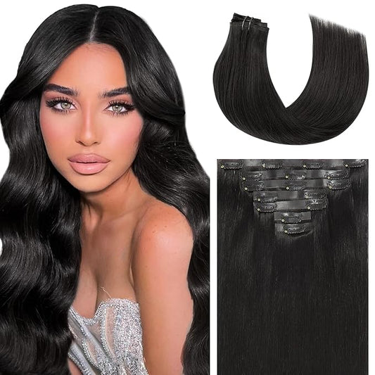 Caliee Clip in Hair Extensions Real Human Hair 14Inch Invisible Seamless Clip in Human Hair Extensions PU Skin Weft Color 1 Jet Black Human Hair Clip ins for Women Silky Straight 7PCS 110G