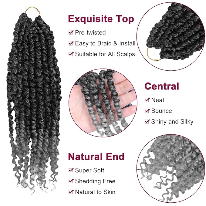 NAYOO Passion Twist Hair - 8 Packs 16 Inch Passion Twist Crochet Hair For Women, Crochet Pretwisted Curly Hair Passion Twists Synthetic Braiding Hair Extensions(16 Inch 8 Packs, TGREY)
