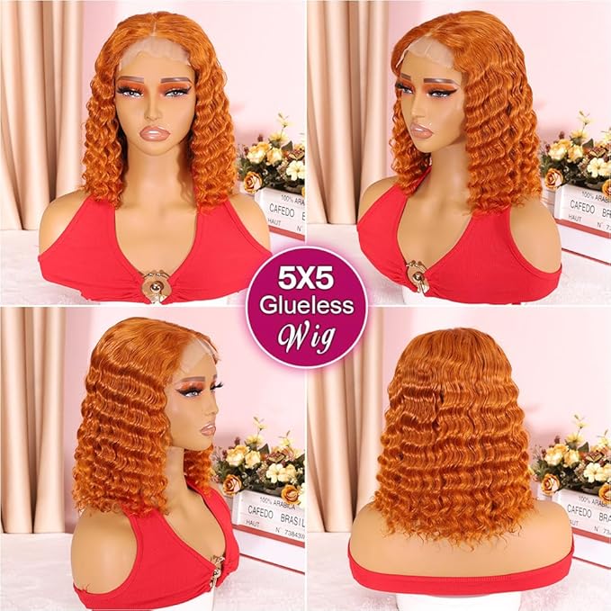 Curly Bob Wig Human Hair Deep Wave 200% Density 5x5 HD Lace Closure Wigs Human Hair Bob Wigs For Black Women Wear And Go Glueless Curly Wig Ginger Color 12 Inch