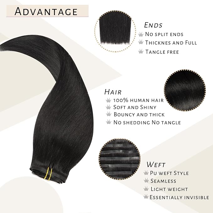 Caliee Seamless Clip in Hair Extensions Remy Human Hair 7Pcs Silky Straight 20Inch 110G 100% Virgin Human Hair Thick PU Weft Natural Hair Extensions Color 1 Jet Black Clip in Extensions for Women