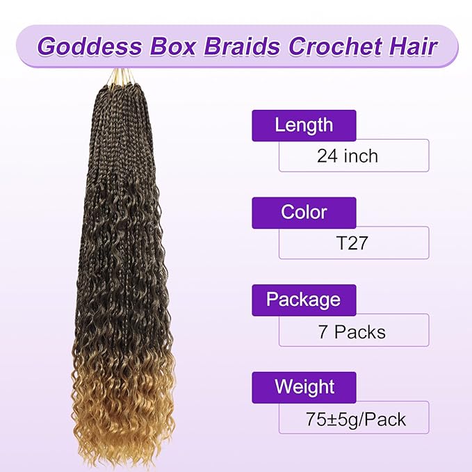 Eacia Goddess Box Braids Crochet Hair 24 Inch 7 Packs Boho Box Braids with Curly Ends Pre Looped Goddess Crochet Hair Extensions for Women (24 Inch, T1B/27#)