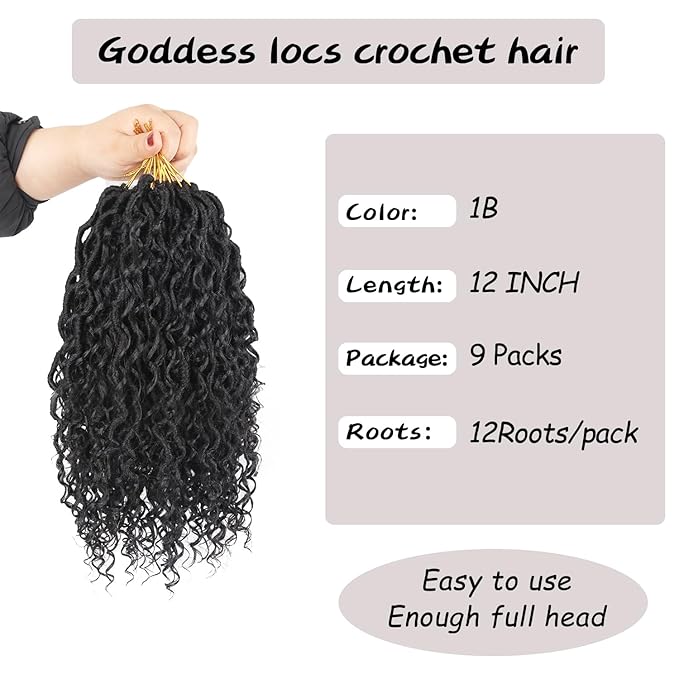 12 Inch Boho Style Synthetic Faux Locs Crochet Hair, 9 Packs, River Locs Hair Extensions, Pre looped, Curly Ends