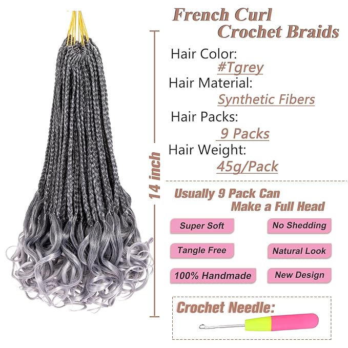 9 Packs Ombre Gray French Curl Crochet Braids 14 Inch Crochet Goddess Box Braids with Curly Ends Pre Looped Synthetic Bouncy Braiding Hair for Women