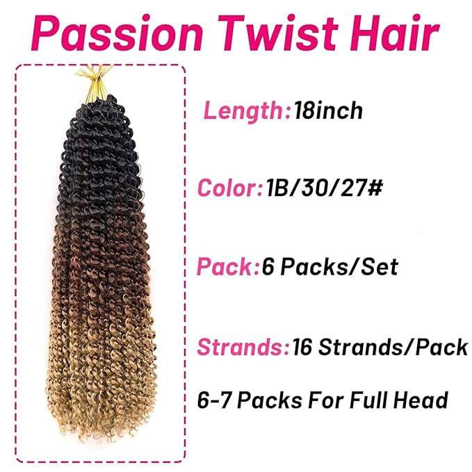 Dorsanee Ombre Passion Twist Hair 18 Inch 6 Packs Water Wave Crochet Hair Long Bohemian Curly Braiding Hair for Butterfly Locs, Faux Locs, Boho Style Spring Twist Crochet Braids (1B/30/27#)
