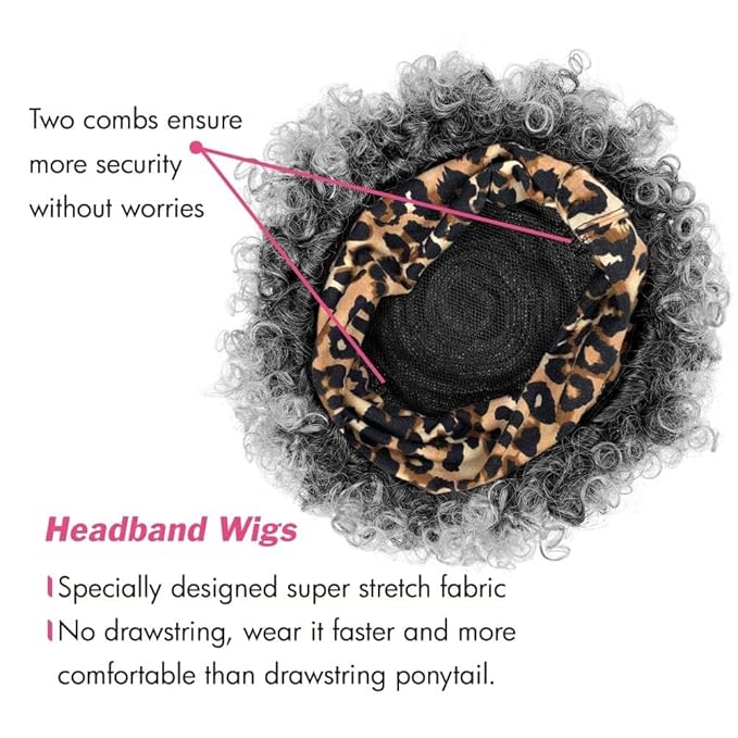 Short Curly Wigs with Headbands Attached for Black Women Synthitic Kinky Curly Afro Puff No Drawstring Ponytail Wig Headwrap Hairstyles With 2 Clips(T1B/Grey)