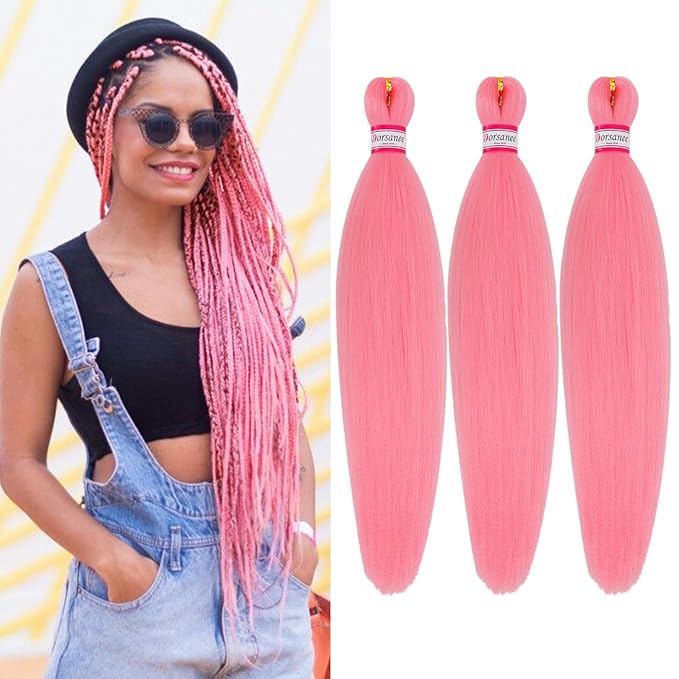 Dorsanee Pink Braiding Hair Pre Stretched 20 Inch 3 Packs Professional Easy Braiding Hair for Crochet Braids Twists Locs Hair Soft Yaki Texture Hot Water Setting Synthetic Hair Extensions