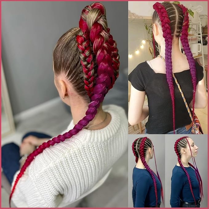 Rose/L.Purple/Rose Braiding Hair Pre Stretched 2 Packs Box Braids Hair Extensions 26 Inches Synthetic Pre Stretched Braiding Hair…