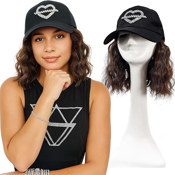 Short Bob Wigs for Women Ago 8-Inch, Hat with Hair Attached, Synthetic Brown Curly Baseball Cap Wig