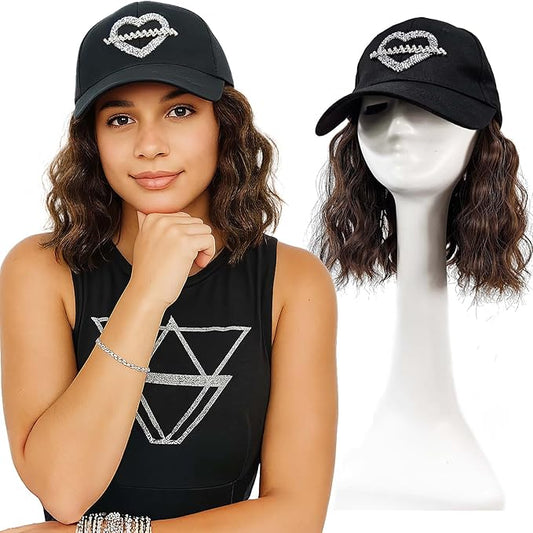 Short Bob Wigs for Women Ago 8-Inch, Hat with Hair Attached, Synthetic Brown Curly Baseball Cap Wig