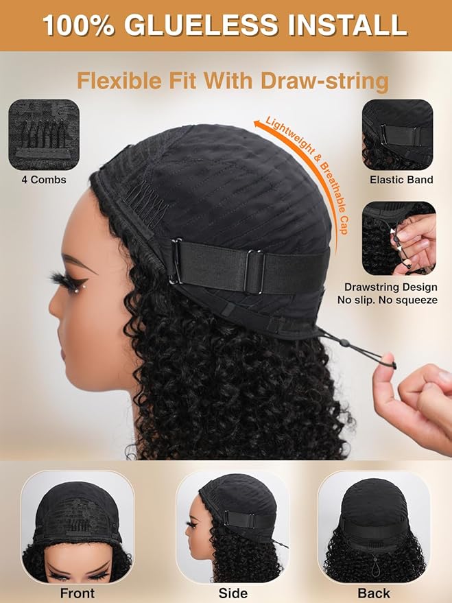 Kinky Curly Half Wig Human Hair 200% Density Wear Go Glueless Wigs Human Hair 3 In 1 Drawstring Seamless Flip Over Wig for Women Daily Wear Headband Wig Beginner Friendly Black (18inch)