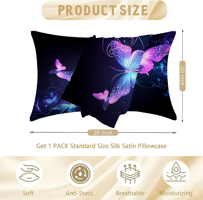 1 Pack Satin Pillowcase for Hair and Skin Purple and Blue Butterflies Imitation Silk Pillowcase with Hidden Zipper Soft Breathable Pillow Cover Standard Size for Bedroom Sofa 20”x26”
