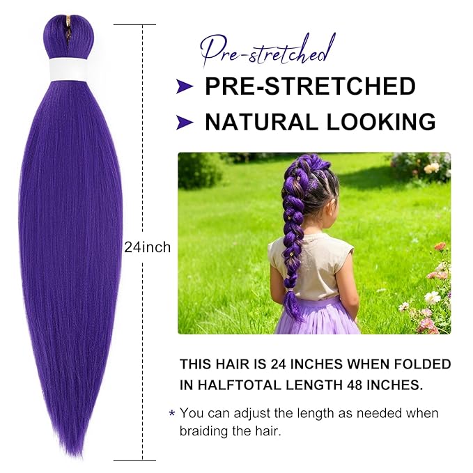 Dorsanee Purple Braiding Hair 24 Inch Long Purple Braiding Hair Extensions Pre Stretched Synthetic Braiding hair Rumi Wigs for Stage Party Halloween Costume Cosplay