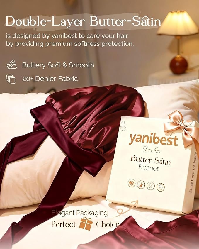 YANIBEST Silk Bonnet for Sleeping Women Adjustable Double Layer Satin Bonnet Reduce Friction Prevent Frizz Natural Curly Hair