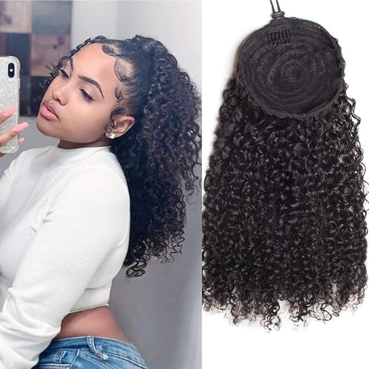 WENYU Kinky Curly Human Hair Drawstring Ponytail For Black Women 8A Brazilian Virgin Kinkys Curly Clip In Ponytail Extension Human Hair Pieces Natural Black (16 Inch, Kinky Curly Drawstring)