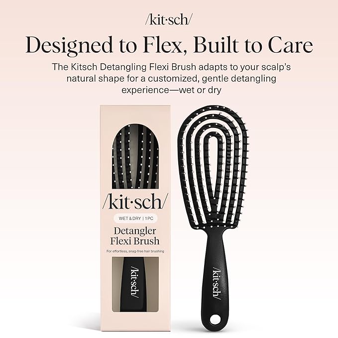 Kitsch Detangler Brush – Flexible Curly Hair Brush for Women, Men & Kids | Detangling Hairbrush with Bendable Frame and Ultra-Smooth Bristles for Wet or Dry Strands - Black
