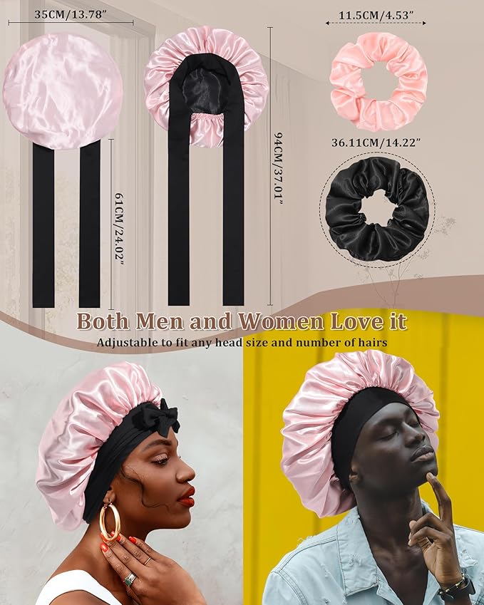 Reversible Satin Bonnet for Sleeping Women Double Layer Hair Bonnet with 2PCS Hair Scrunchies Elastic Tie Band Night Cap