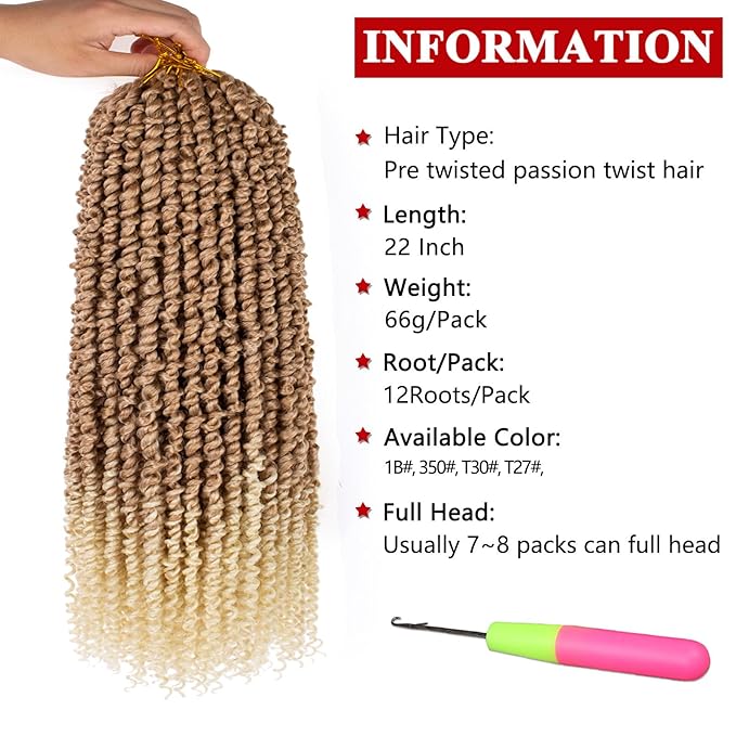 Xtrend 8packs 22inch Pre-twisted Passion Twist Hair Natural Black Pre-looped Passion Twists Crochet Braids Synthetic Hair Extensions Crochet Hair For Women (8packs, 27613#)