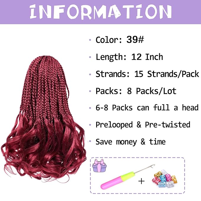 Burgundy French Curly Braiding Hair 12 Inch 8 Packs Short Red Crochet Box Braids with Curly Ends Pre-looped French Curl Crochet Hair for Women Synthetic Hair Extensions BUG#