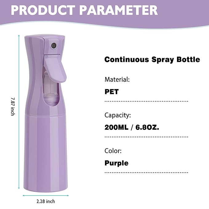 Spray Bottle for Hair (6.8OZ /200ML) Continuous Ultra Fine Mist Sprayer for Hair, Salons, Barber, Plants, Skin Care, Cleaning 2 Pack PURPLE