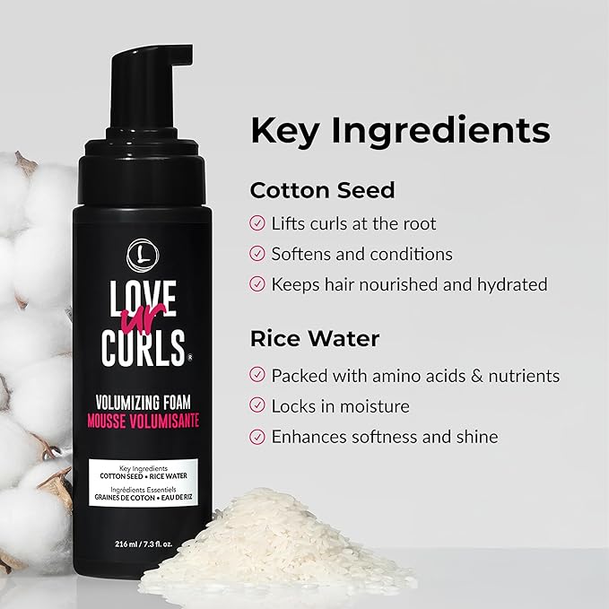 Love Ur Curls® Volumizing Foam, Lightweight Mousse for Curly Hair, Volume & Definition, Frizz Control, Soft Hold, Vegan, Silicone-Free, Quick-Drying, 7.3Fl. Oz.