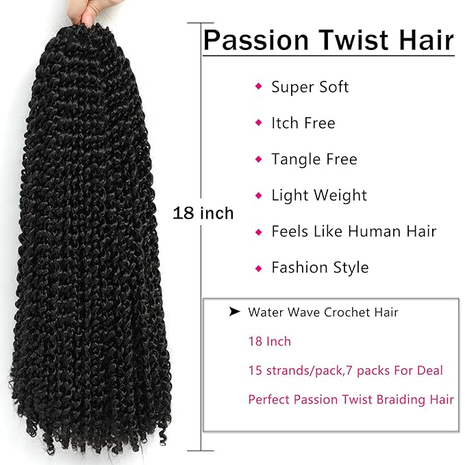 Passion Twist Hair 18 Inch 7 Packs Water Wave Crochet Hair Black Wrap Braiding Hair For Passion Twist Crochet Hair/Butterfly Locs/Spring Twist Crochet Braids Boho Hair Extension (18 Inch, 1B#)